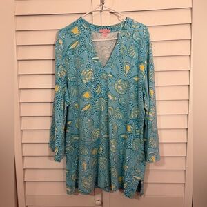 Lilly Pulitzer Turquoise and Yellow Shell Patterned Tunic Top